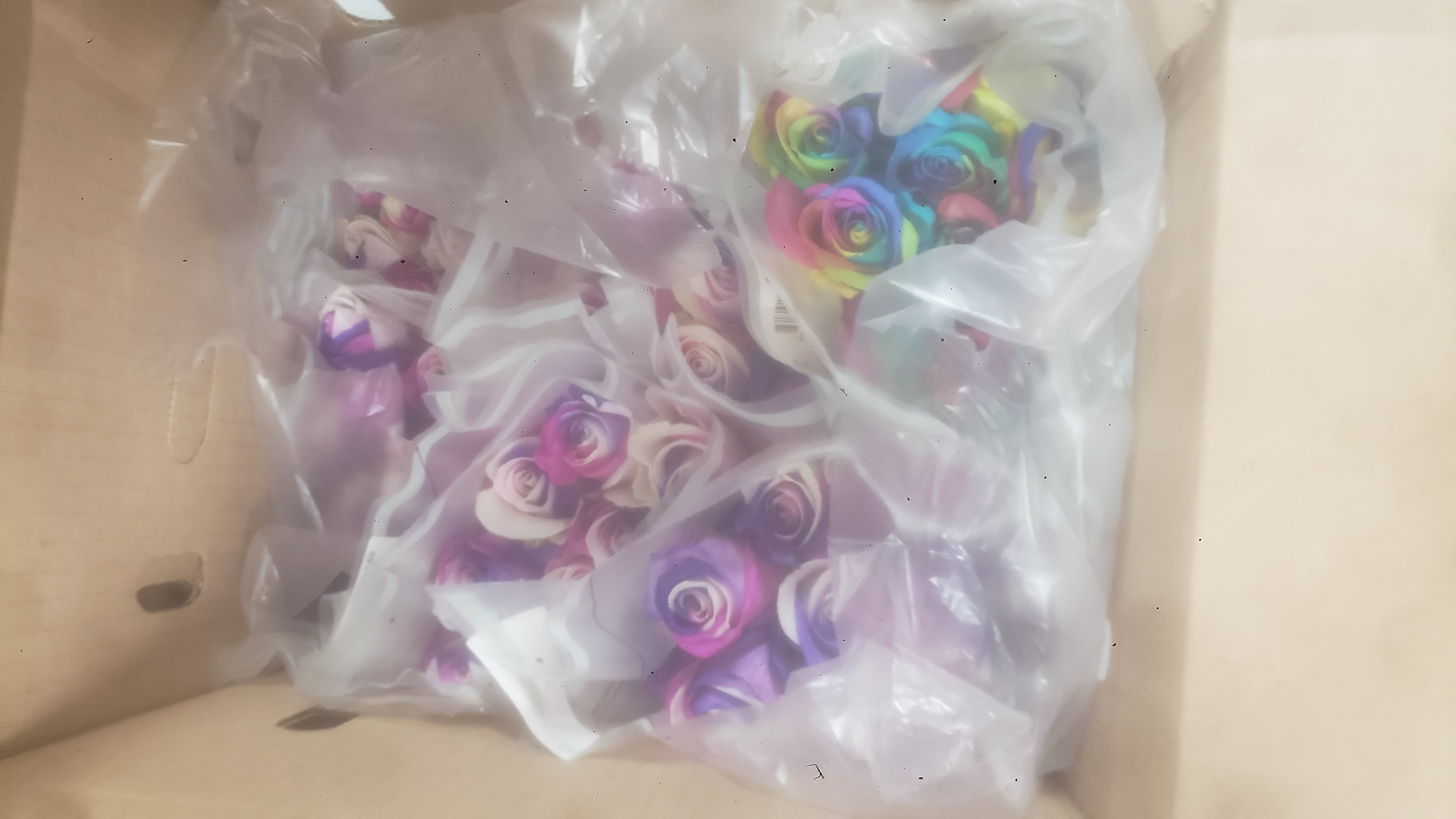 Bouquets of colorful roses in a plastic vase and long cardboard box.